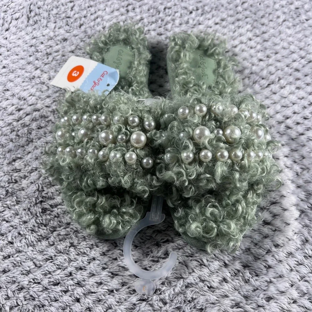 Cat Jack Toddler Girls Slippers Size 3‎ Mint Green Faux Fur Pearl Embellished
